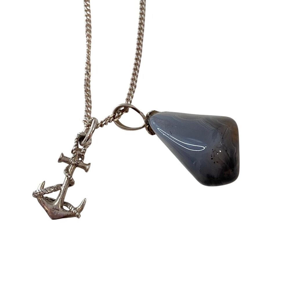 Necklace With Anchor & Agate Stone Pendant Made In Italy Chain Length Approx 18